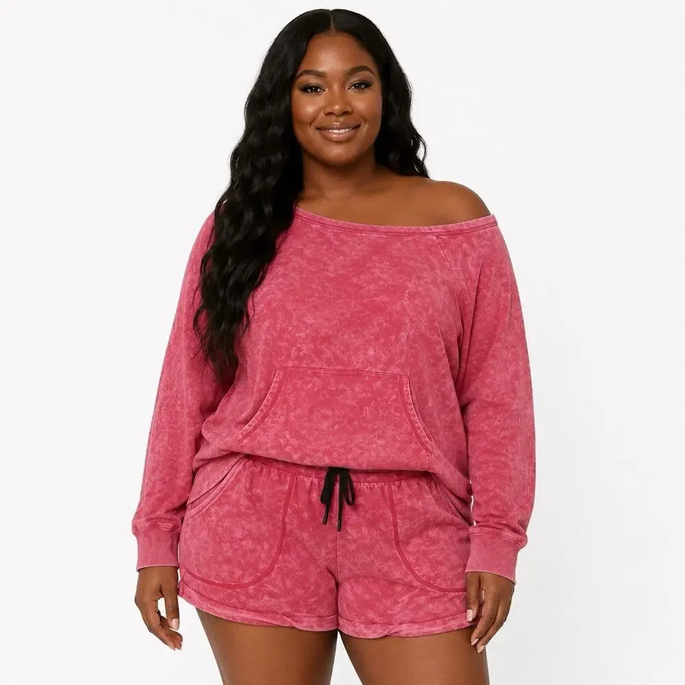 Torrid Active Mineral Wash Off Shoulder Sweatshirt Shorts Set Plus 2X Pink